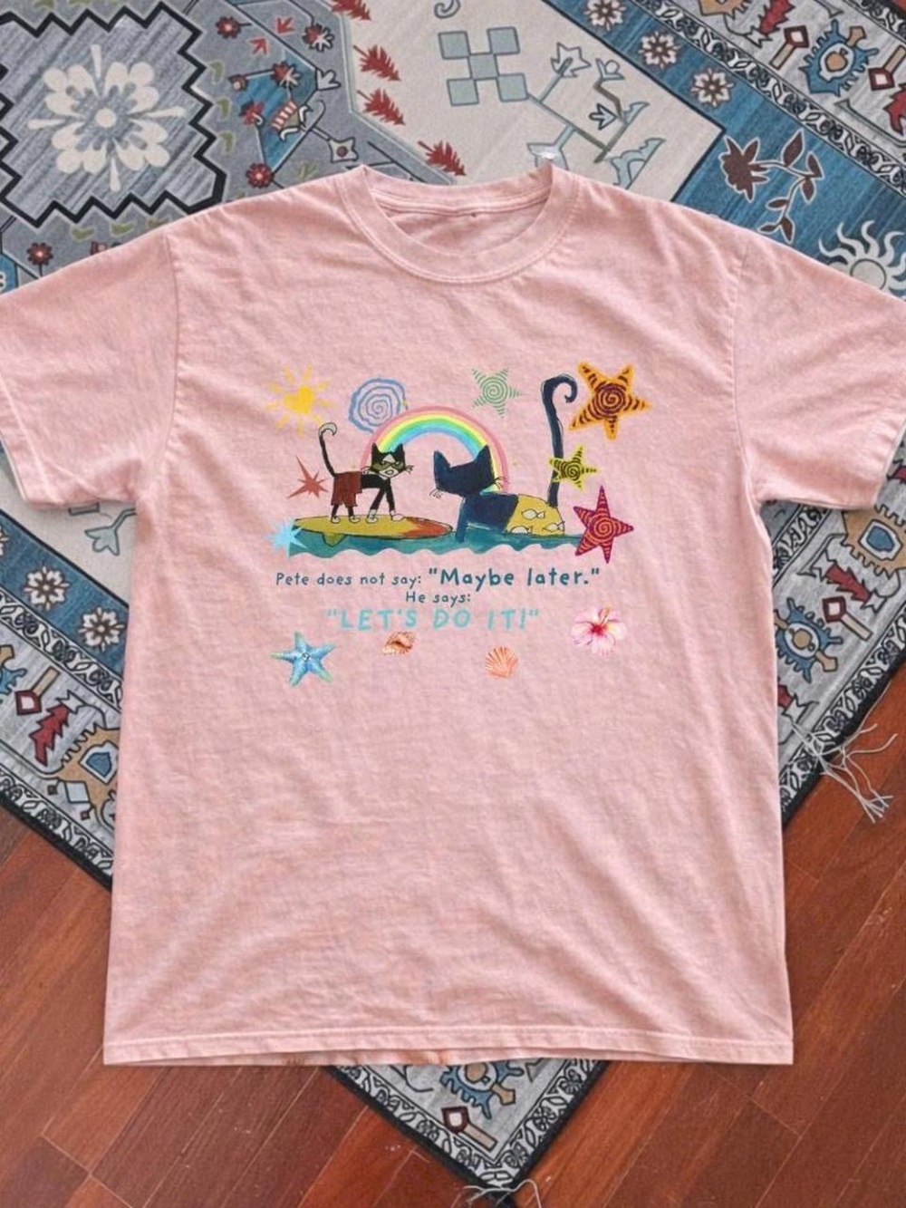 Gildan Pink Graphic Cat Tee with Rainbow & Stars